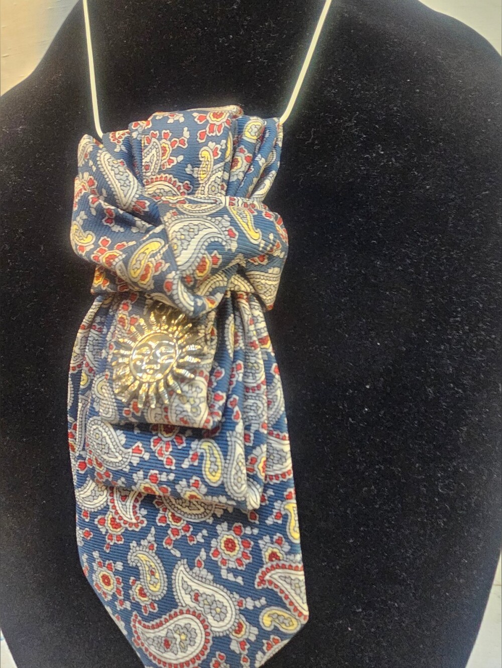 Women's Paisley Blue Silk Necktie With Sun Charm Necklace - Picture 5 of 6